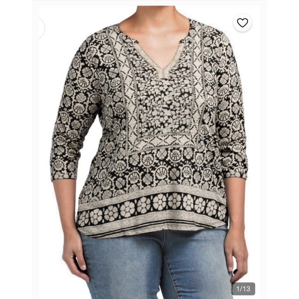Lucky Brand Women Large Brown Boho Geometric Print Top 3/4 Sleeve Lightweight